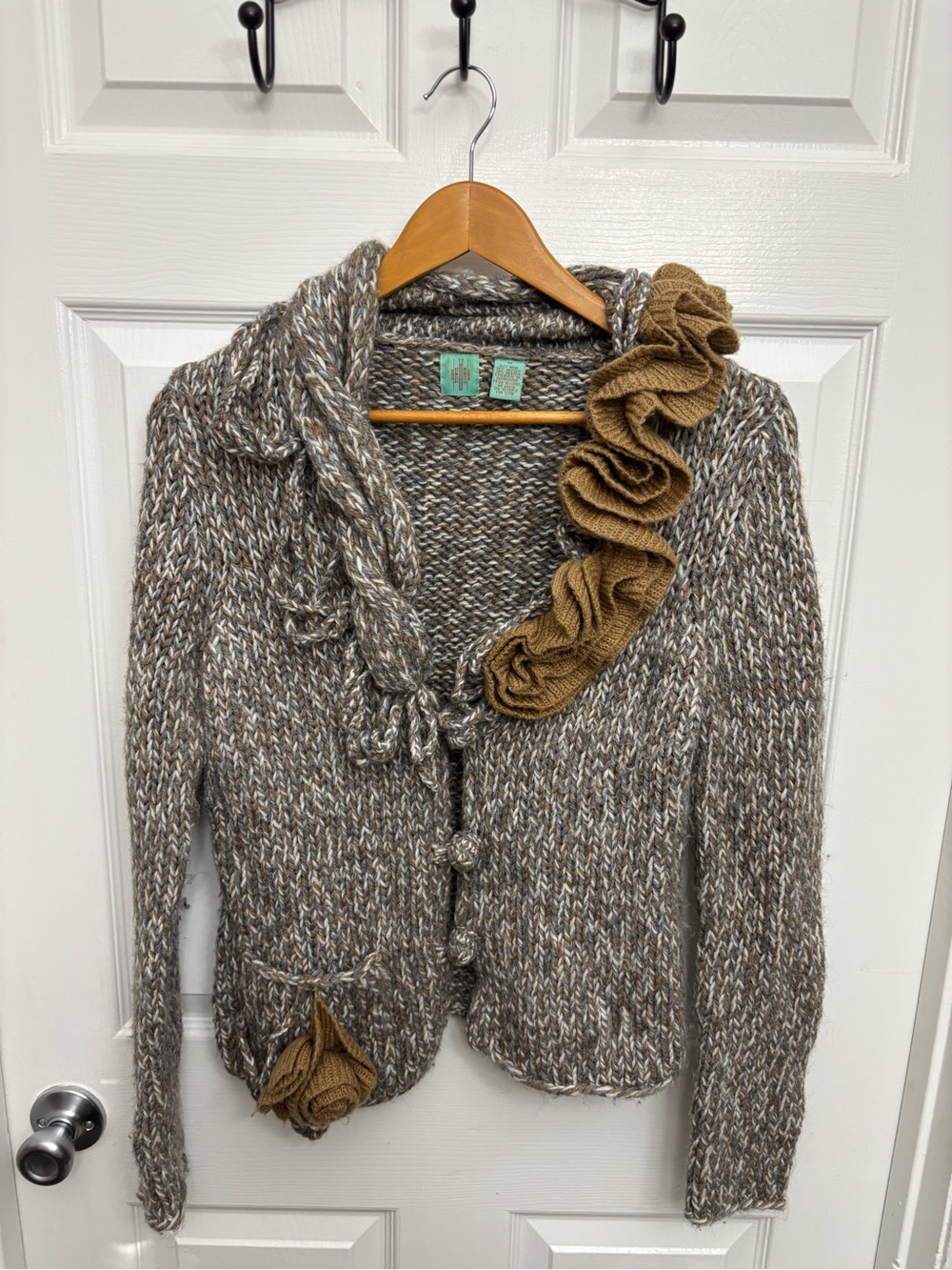 Anthropologie HWR Wool/Alpaca Blend Camel/Gray/Cream Cardigan Ruffled Sweater